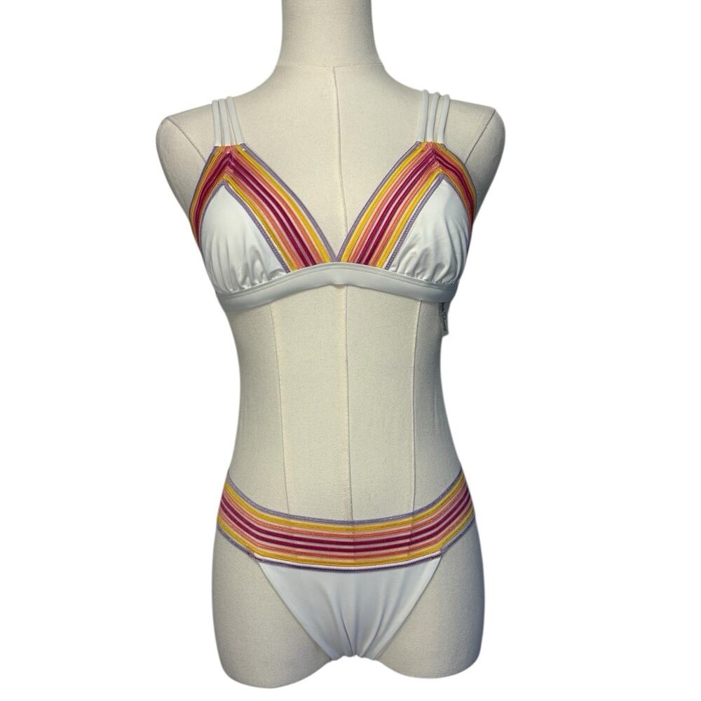 Beach Bunny Triangle Bikini Womens Size Small White Neon Stripes Rushed